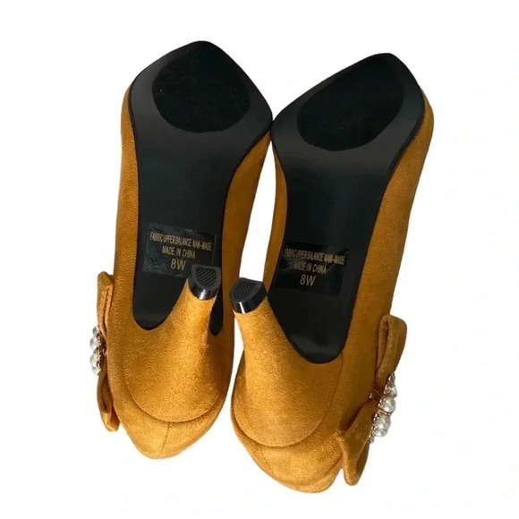 ANGEL STEPS | Mustard Yellow Suede Crystal Embellished Pointed Toe Pumps - Picture 8 of 8